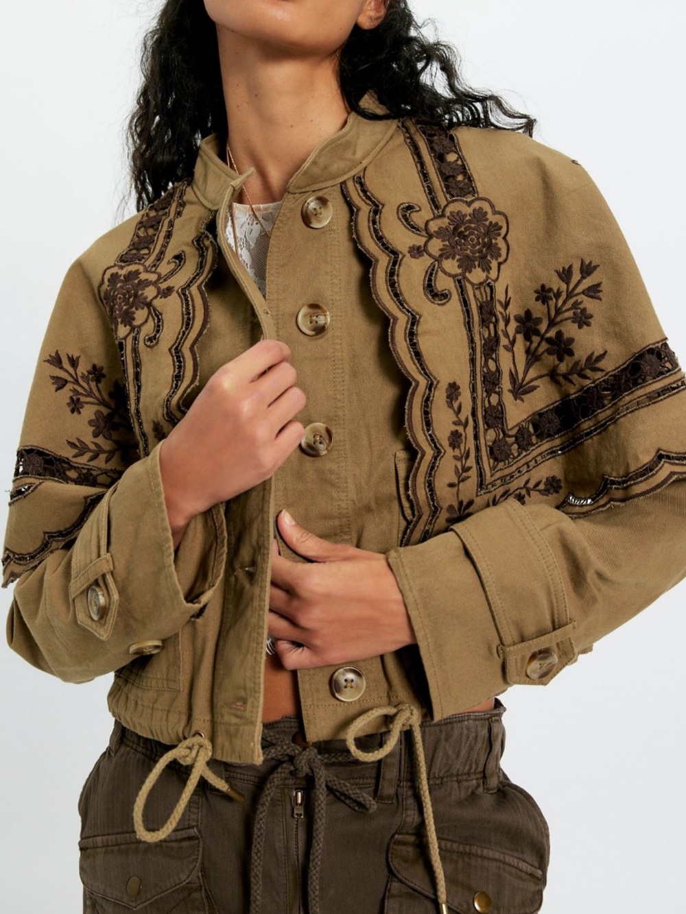 Free People Bali Hideaway Cutwork Cape Cropped French Embroidered Jacket L
